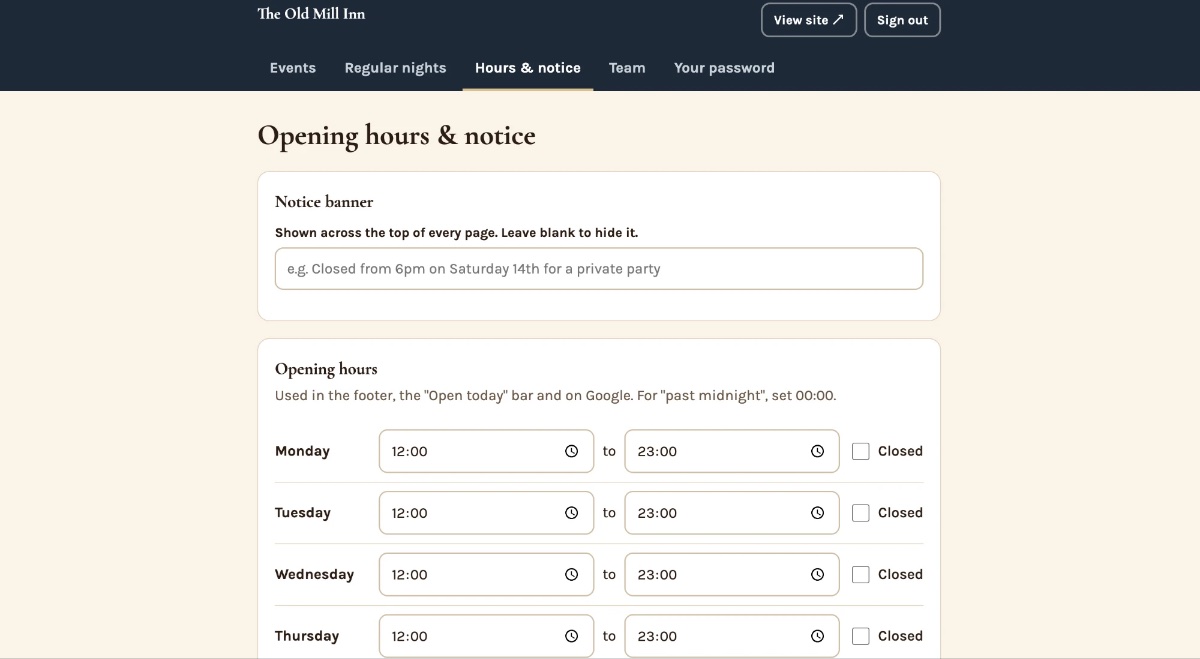Editing opening hours and the notice banner in The Old Mill Inn site manager