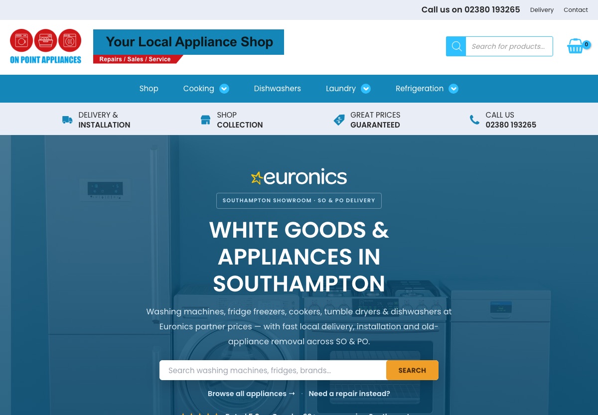On Point Appliances website homepage redesigned by Avent Marketing
